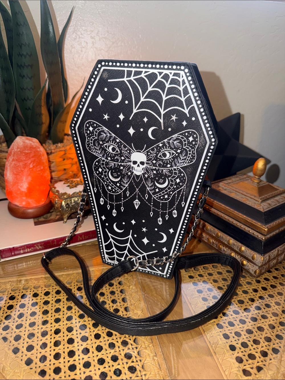 Coffin Crossbody Bag with Gothic Moth & Skull Print - Black & White